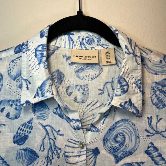 Martha Stewart Womens Linen Blend Shirt Dress Blue White Beach Shells Size Small - Picture 3 of 16